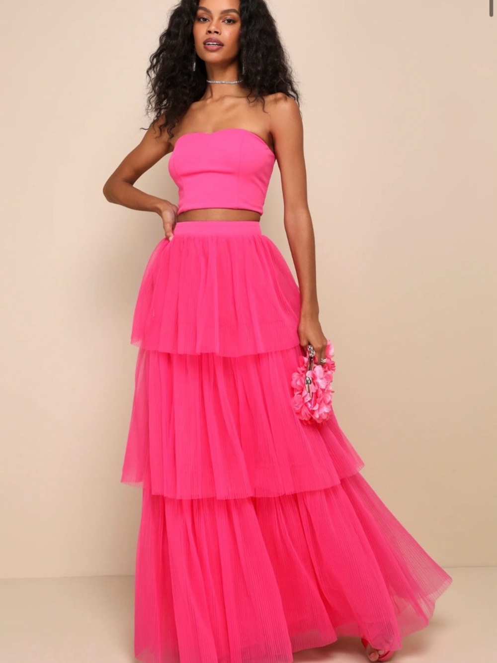 Hot Pink Pleated Tiered Maxi Dress with Draped Bodice Lulus